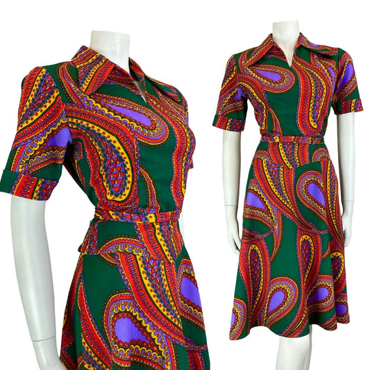 VTG 60S 70S BEAGLE COLLAR PSYCHEDELIC PAISLEY GREEN PURPLE RED SHIRT DRESS 12 14