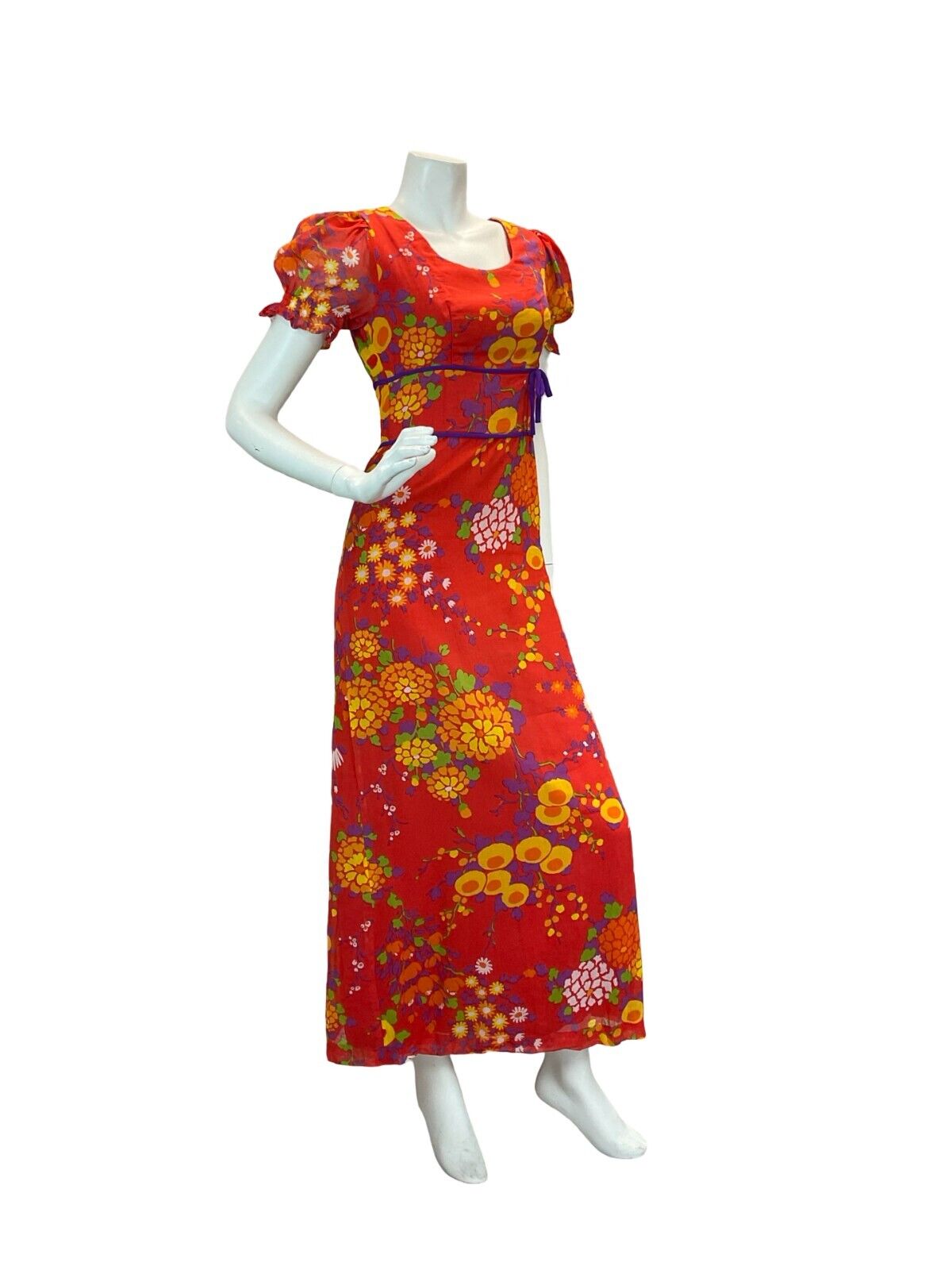 VTG 70S PSYCHEDELIC FLORAL DAISY EMPIRE MAXI DRESS RED ORANGE YELLOW PURPLE 8