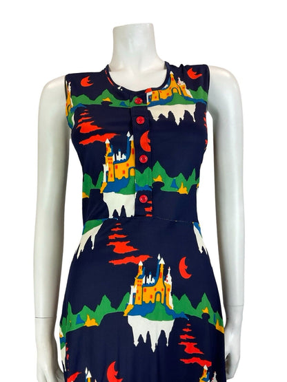 VTG 70S FAIRYTALE CASTLE MOON SLEEVELESS NAVY GREEN YELLOW WHITE MIDI DRESS 10