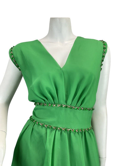 VINTAGE 60s 70s APPLE GREEN BEADED SEQUIN SLEEVELESS GOWN MAXI DRESS 12 14