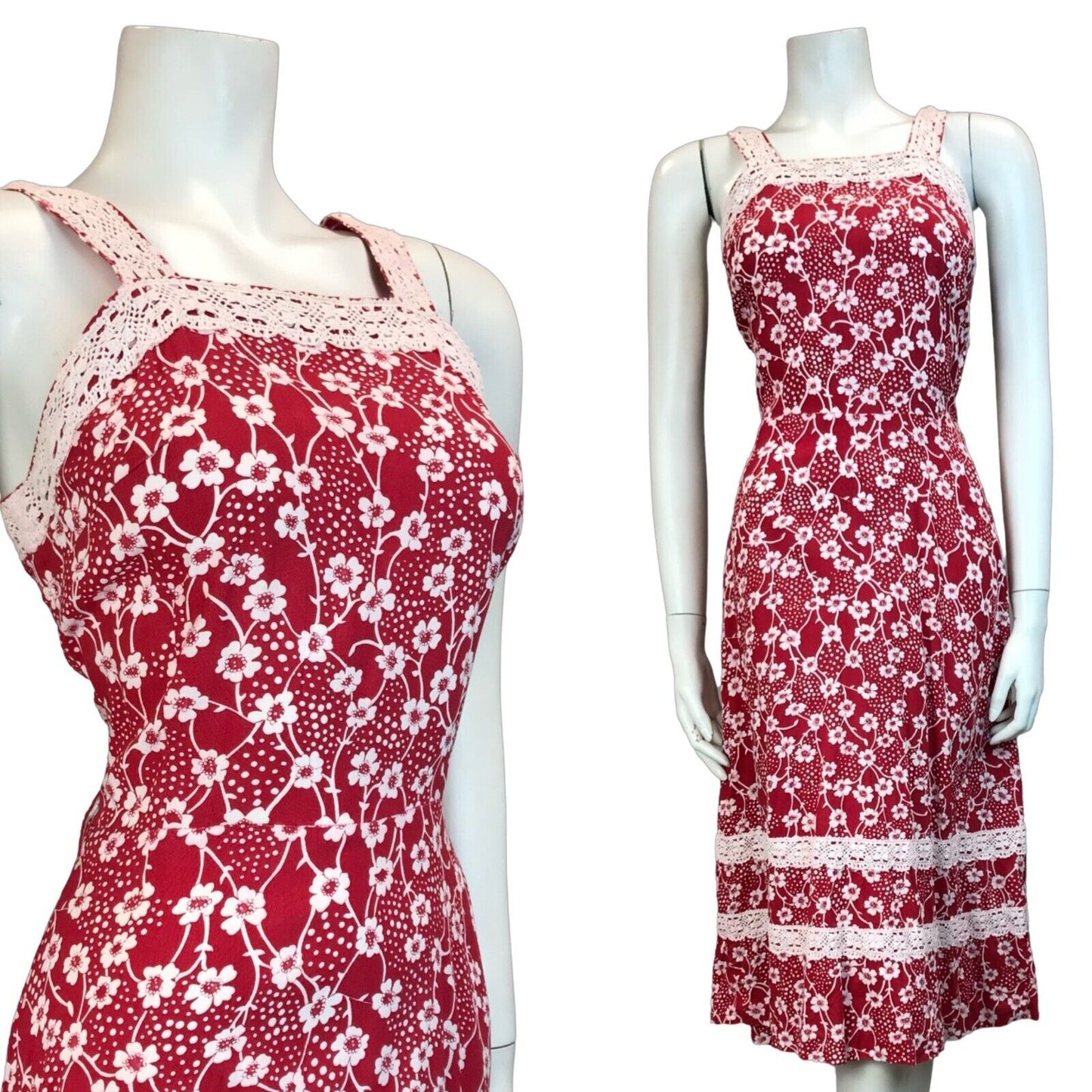 VTG 70S RED WHITE FOLK COTTON FLORAL CROCHET SUMMER SUN DRESS 10 12