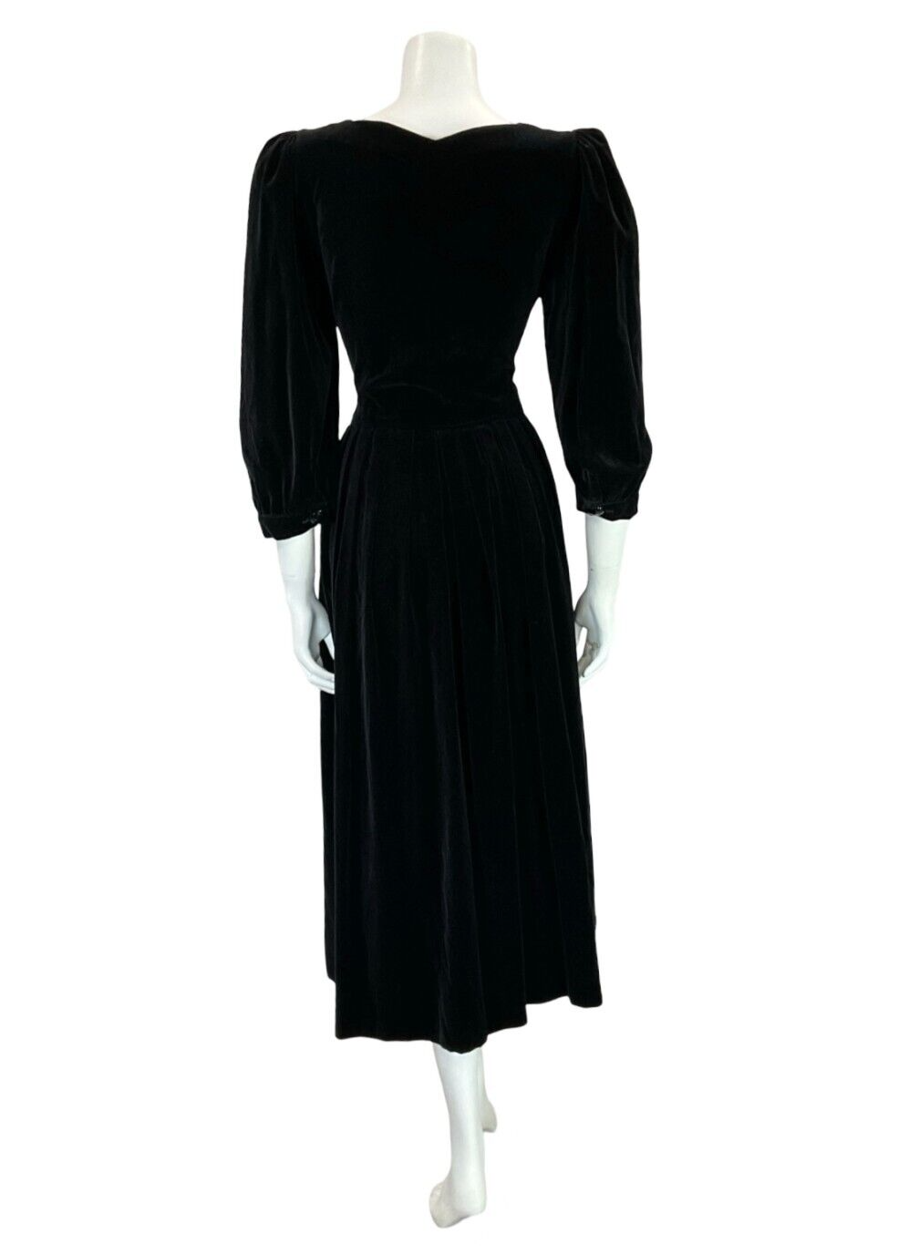 VTG 70S BLACK VELVET BUTTON DOWN MUTTON SLEEVE SWEETHEART NECKLINE MIDI DRESS 10