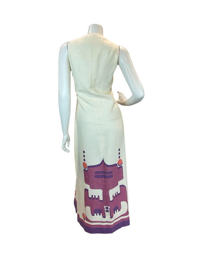 VTG 60S 70S TRIBAL AZTEC SHIFT DRESS CREAM PURPLE MAXI DRESS 10 12