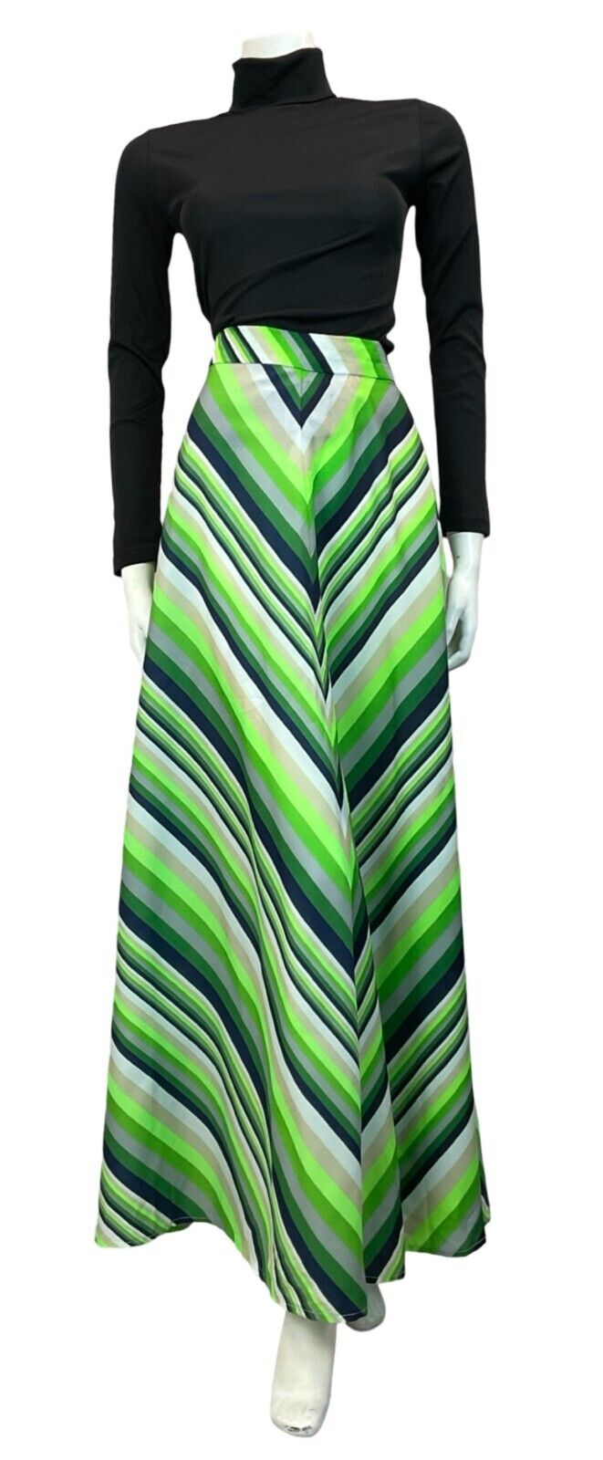 VTG 70S BRIGHT GREEN NAVY BLUE GREY STRIPED PATTERN MAXI SKIRT 12