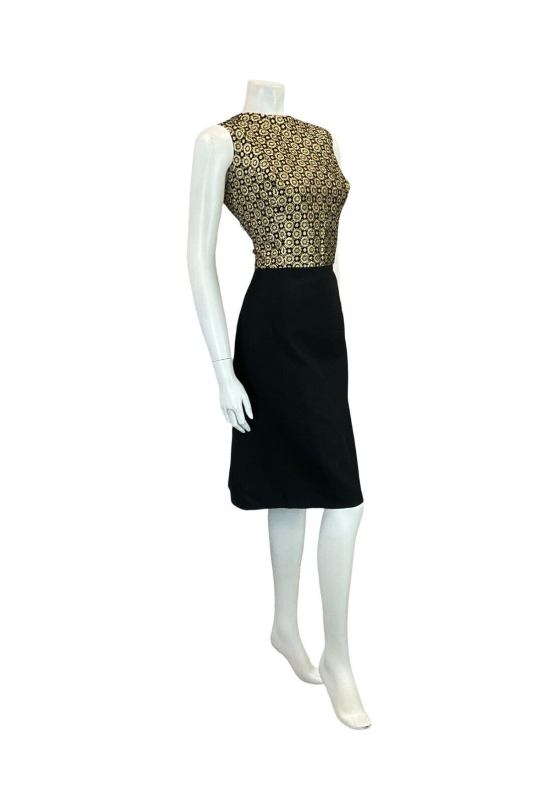 VTG 60S MOD BLACK GOLD FLORAL LUREX BROCADE PARTY SLEEVELESS MINI DRESS 16