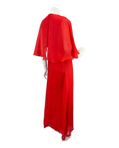 VINTAGE 60s 70s BRIGHT PILLARBOX RED SHEER FLOATY SUMMER MOD MAXI DRESS 8 10