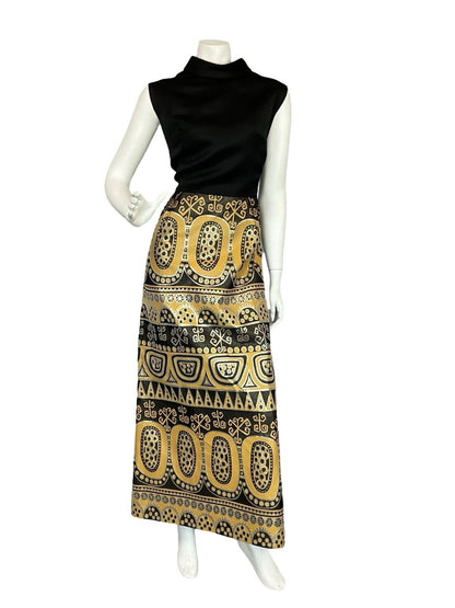 VTG 60S 70S AZTEC HIPPY BLACK GOLD YELLOW METALLIC SLEEVELESS MAXI DRESS 14