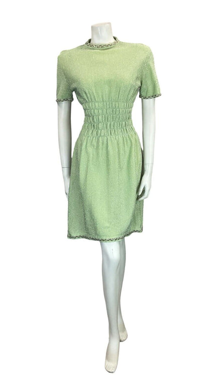 VTG 60S PASTEL GREEN SILVER TRIM T SHIRT MINI DRESS WITH ELASTICATED WAIST 6 8