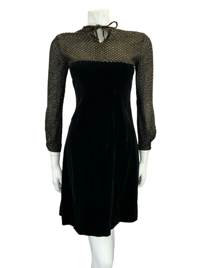 VTG 60S 70S BLACK VELVET MESH GOLD POLKA DOT EVENING PARTY KEYHOLE MINI DRESS 8