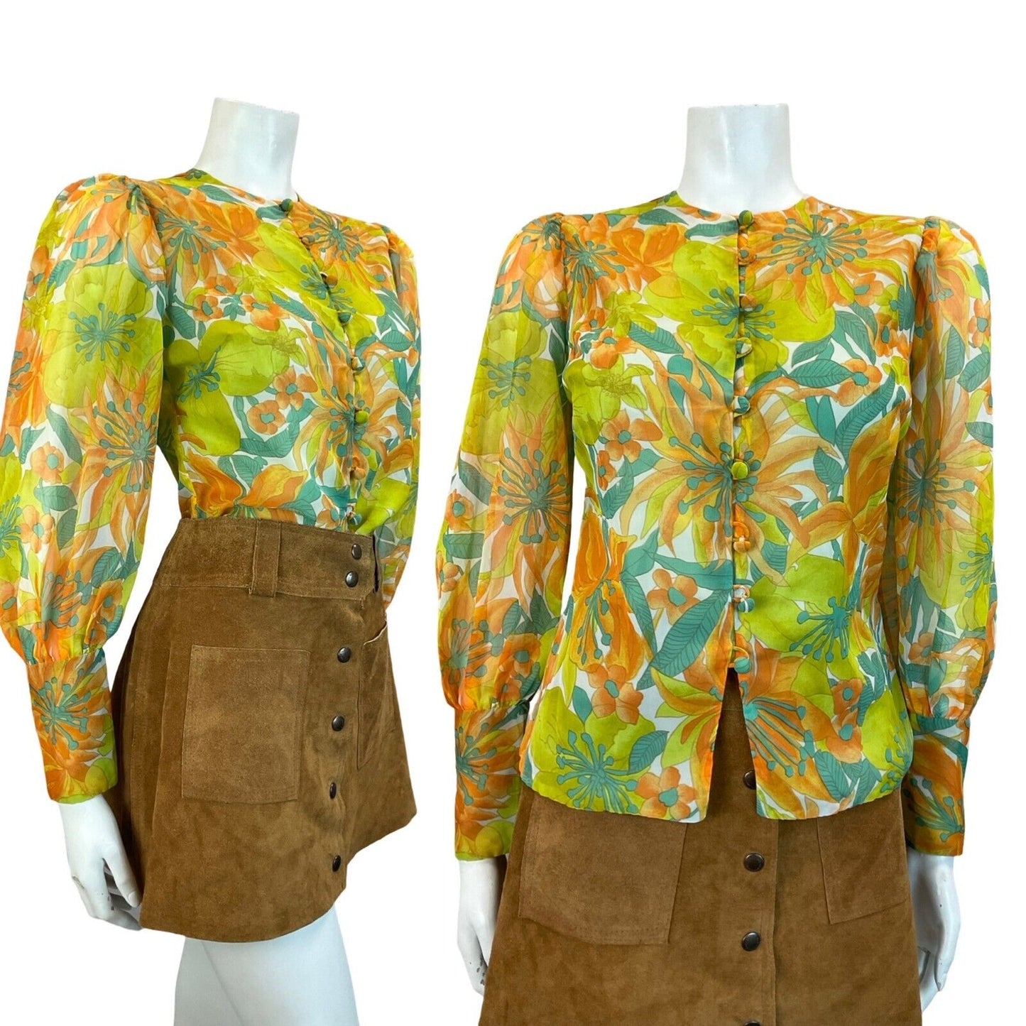 VTG 60S 70S GREEN ORANGE PSYCHDELIC FLORAL BISHOP SLEEVE BLOUSE SIZE 10 12