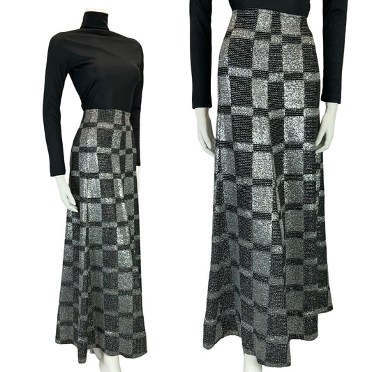 VTG 70S SILVER BLACK CHECKED GRID DISCO STUDIO 54 MAXI SKIRT SIZE 8 10 S