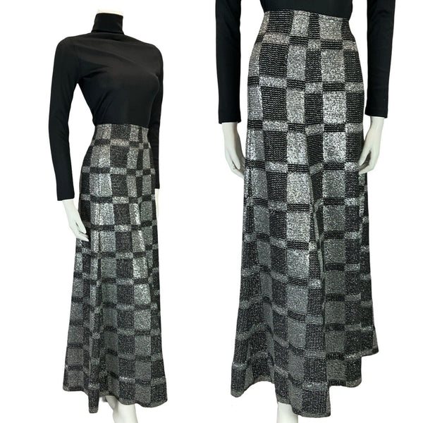 VTG 70S SILVER BLACK CHECKED GRID DISCO STUDIO 54 MAXI SKIRT SIZE 8 10 S