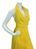 VTG 70s SUNSHINE YELLOW HALTERNECK LOW BACK PLEATED DISCO MIDAXI DRESS 8