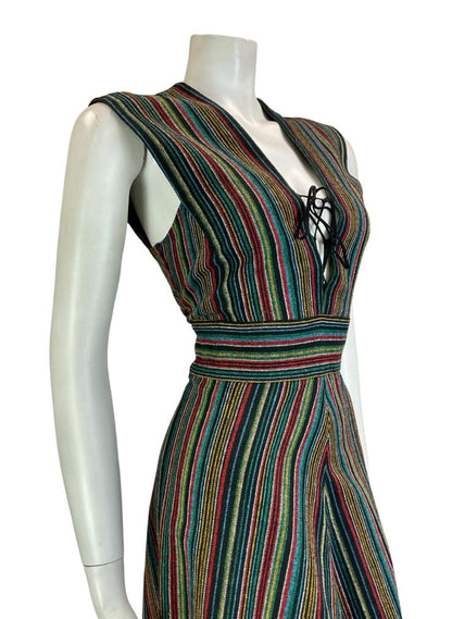 VTG 70S SWEDISH FOLK BLACK BLUE RED GREEN STRIPED TUNIC MIDI LACE UP DRESS 10