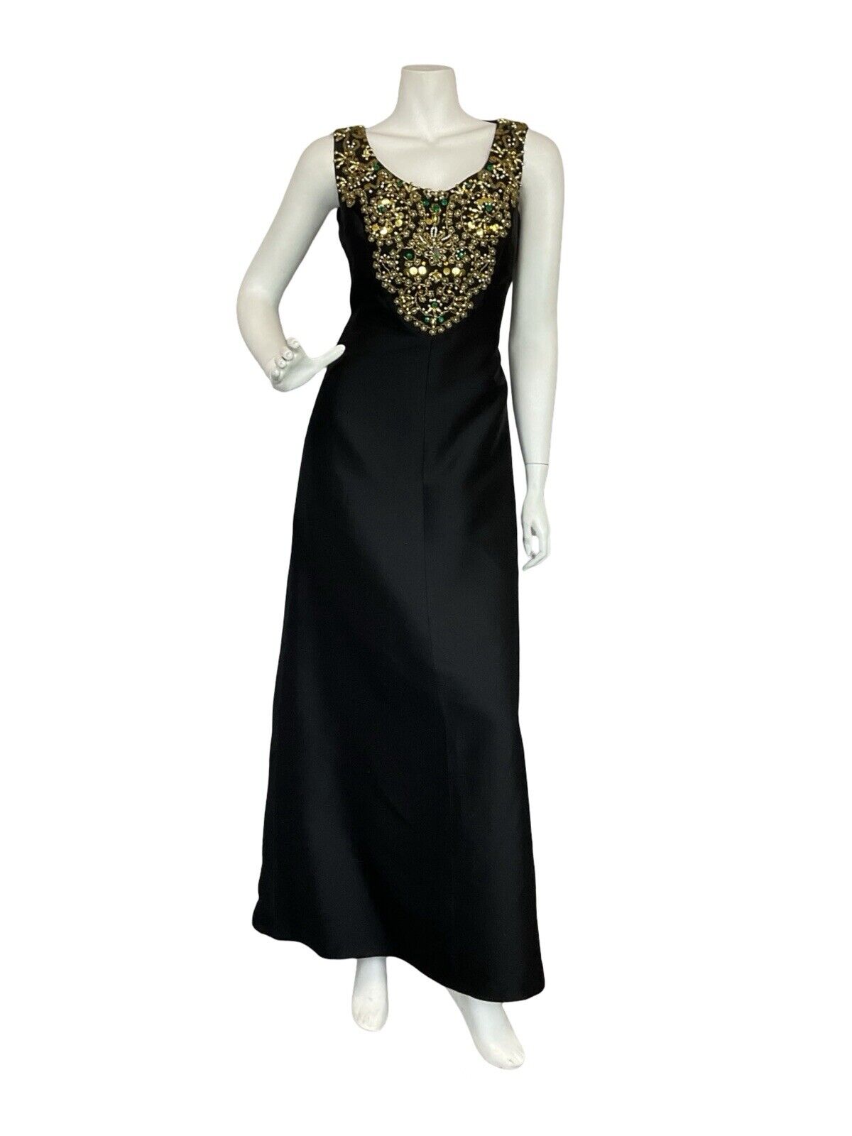 VTG 60S BLACK GOLD PEARL SEQUIN BEADED EMBELLISHED MAXI PARTY DRESS 10