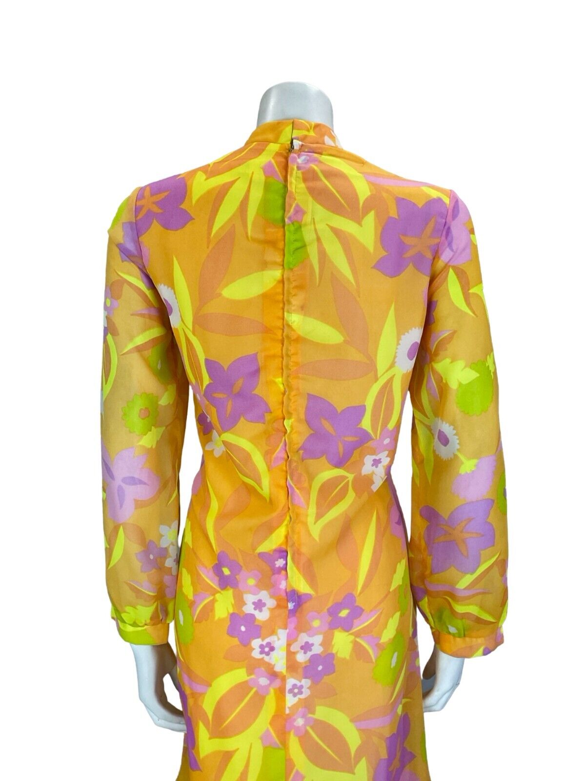 VTG 60S 70S FLORAL PSYCHEDELIC MANDARIN COLLAR ORANGE PINK YELLOW SHIFT DRESS 14