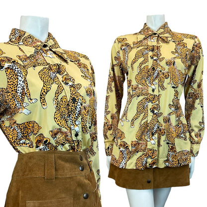 VTG 70S DAGGER COLLAR GOLD YELLOW LEOPARD PATTERN SHIRT TWINS INC MIAMI 14 M