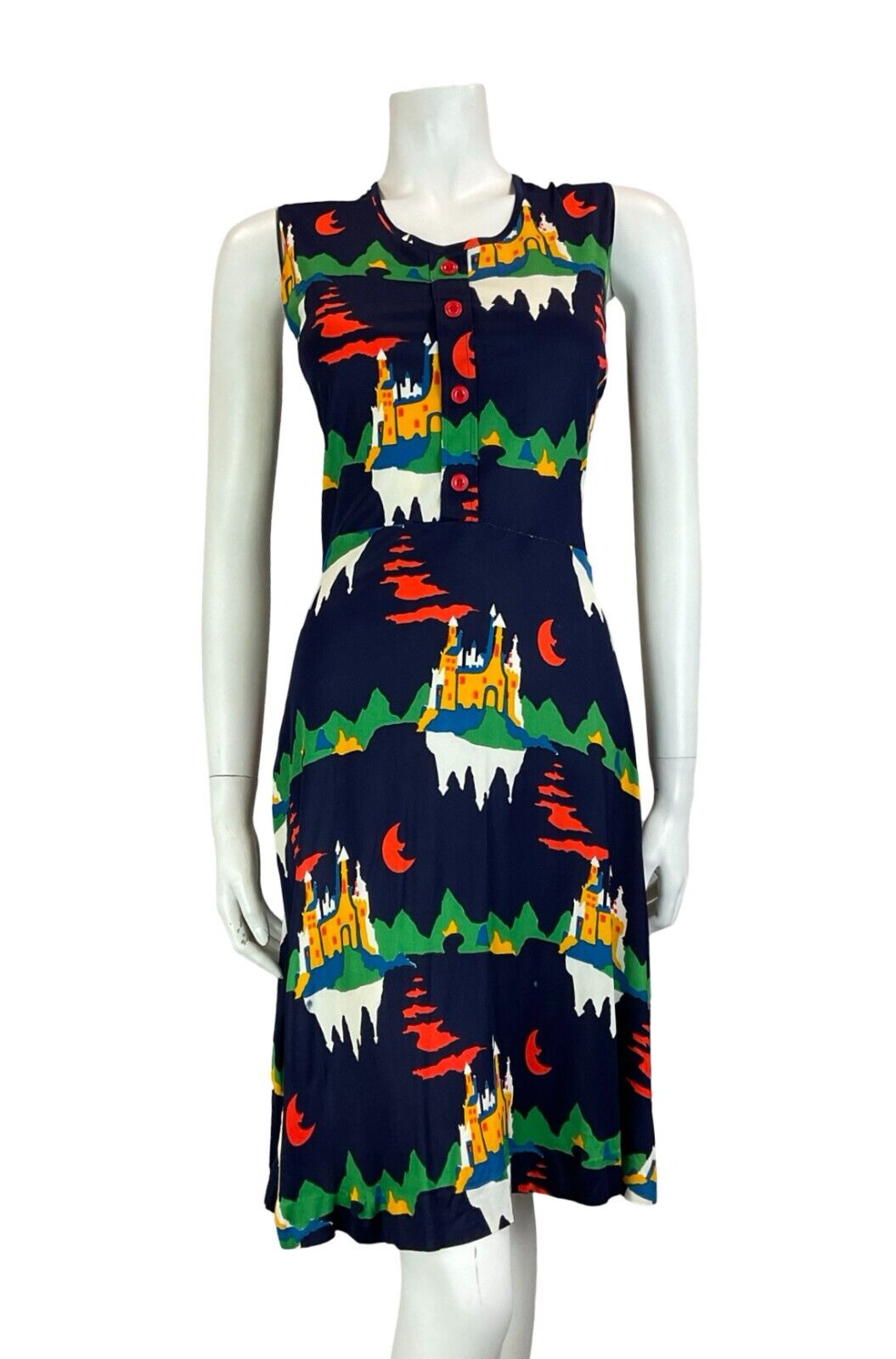 VTG 70S FAIRYTALE CASTLE MOON SLEEVELESS NAVY GREEN YELLOW WHITE MIDI DRESS 10