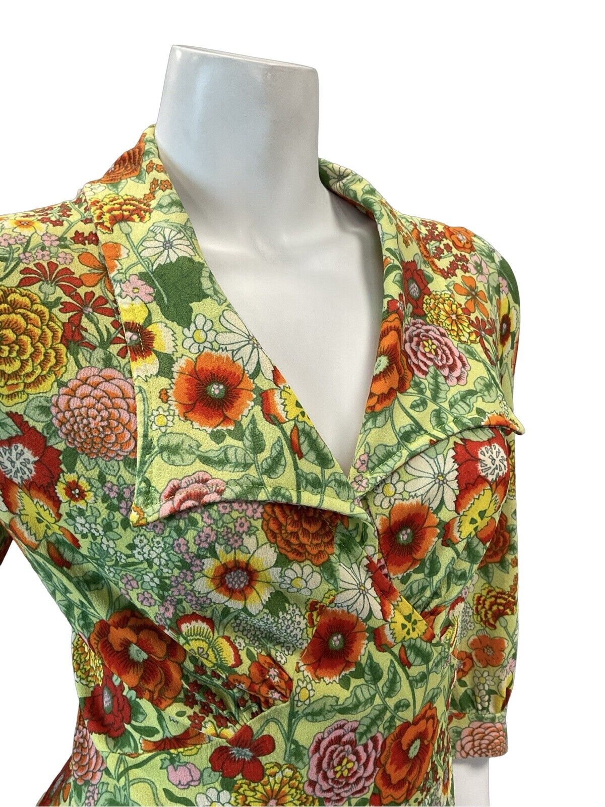 VTG 60s 70s BRIGHT MULTICOLOUR FLORAL WRAP MIDAXI DRESS 10 12