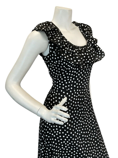 VTG VERA MONT POLKA DOT BLACK WHITE SLEEVELESS RUFFLE SUMMER MAXI DRESS 8 10