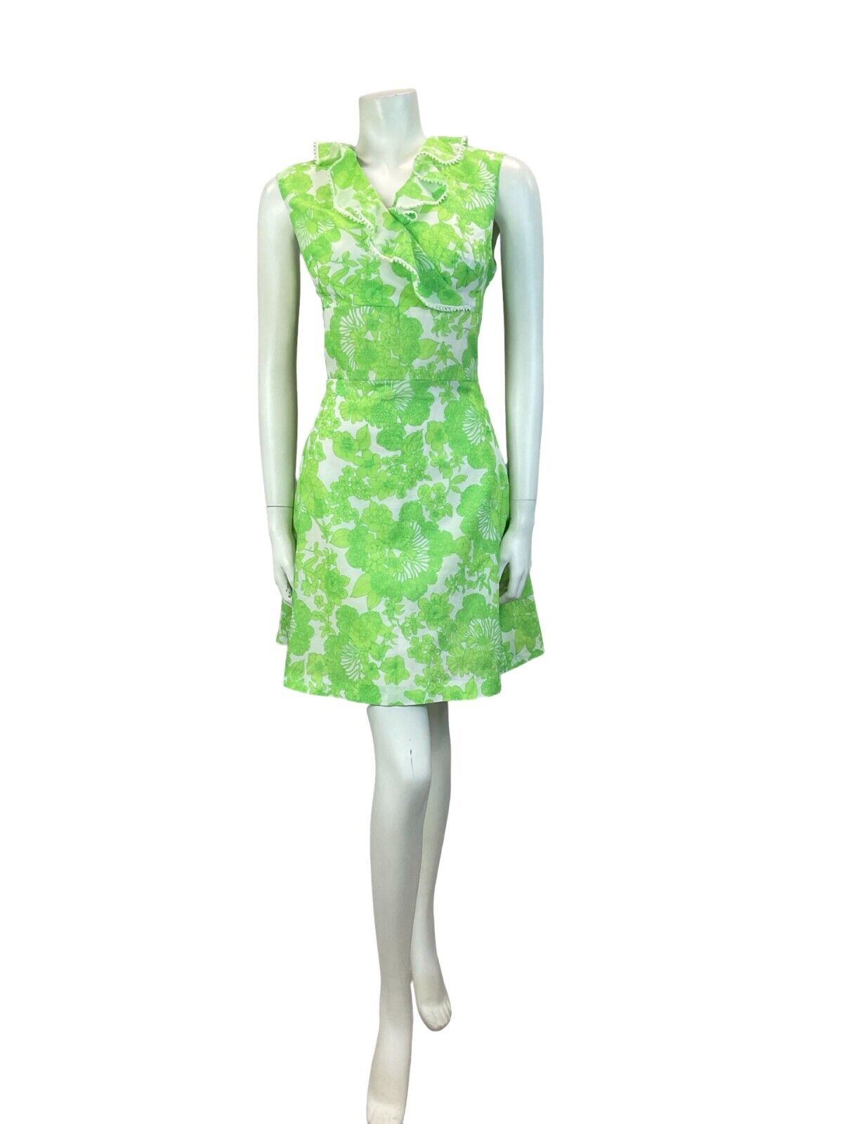 VTG 60S 70S FLORAL WRAP RUFFLE MOD MINI DRESS GREEN WHITE 10