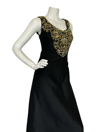 VTG 60S BLACK GOLD PEARL SEQUIN BEADED EMBELLISHED MAXI PARTY DRESS 10