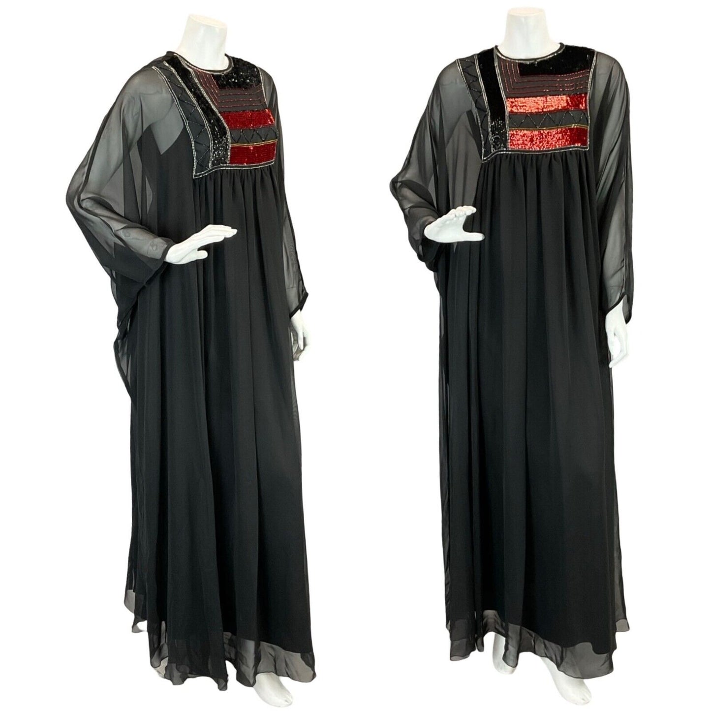 VTG 70S BLACK MESH FLOATY KAFTAN RED SEQUIN BEADED EMBELLISHED BIB MAXI DRESS 14