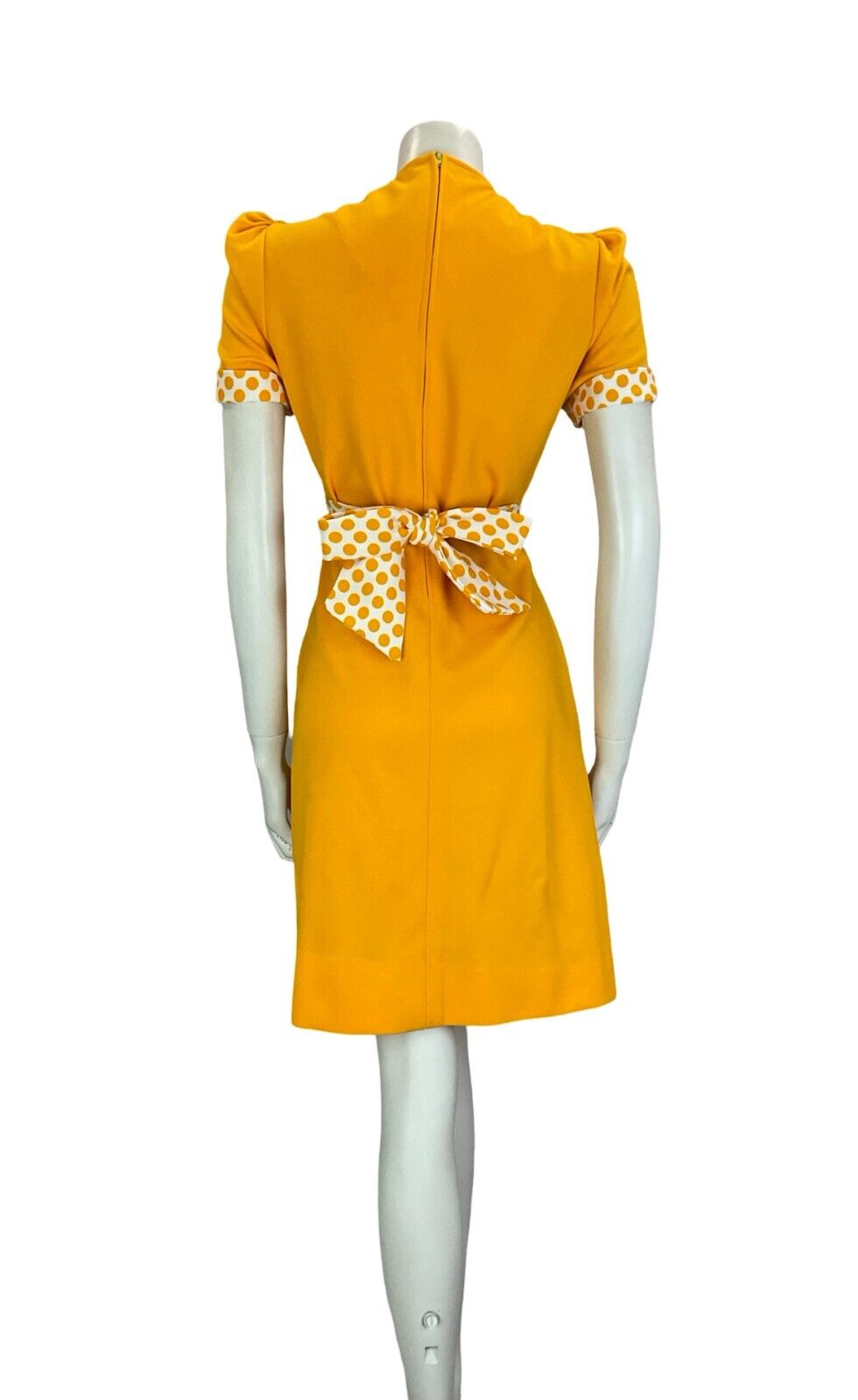 VTG 60S MINI MOD YELLOW WHITE POLKA DOT TIE WAIST SHORT SLEEVE MINI DRESS 12 14