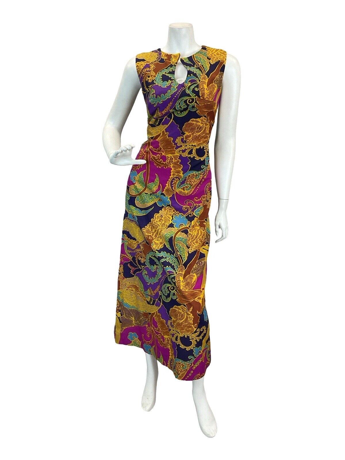 VTG PSYCHEDELIC ROMAN ABSTRACT BRIGHT KEYHOLE MAXI DRESS 10 12