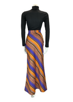 VTG 70S STRIPED PURPLE ORANGE GOLD BLACK GEOMETRIC PARTY MAXI SKIRT SIZE 2/4