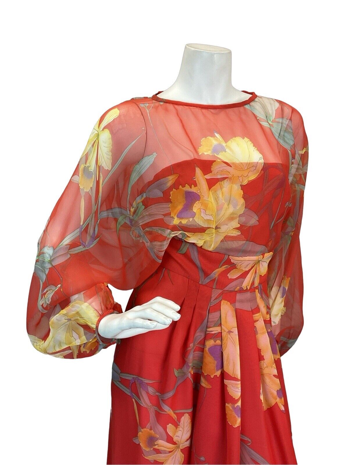 VTG 60S 70S RED ORANGE FLORAL PRINT BISHOP SLEEVE FLOATY MAXI DRESS 8 10