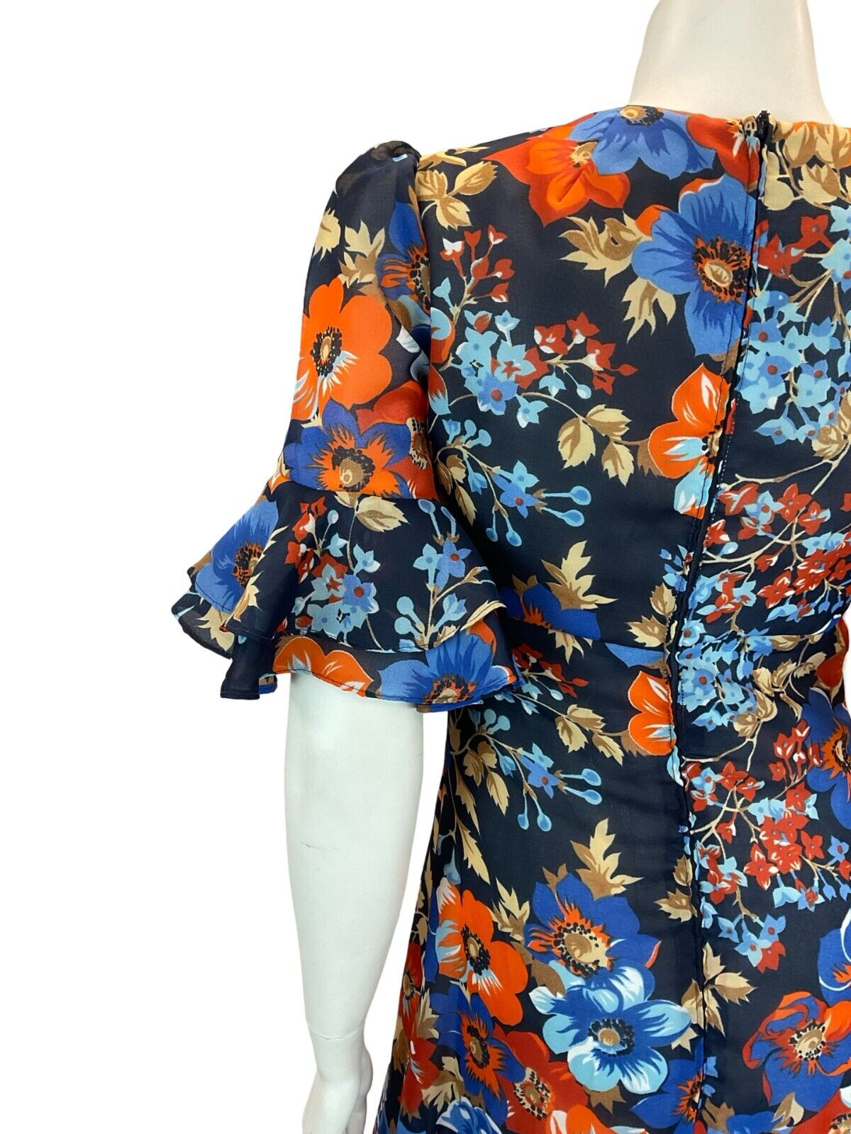 VTG 70S BLUE ORANGE FLORAL BELL SLEEVE EMPIRE MAXI DRESS 8