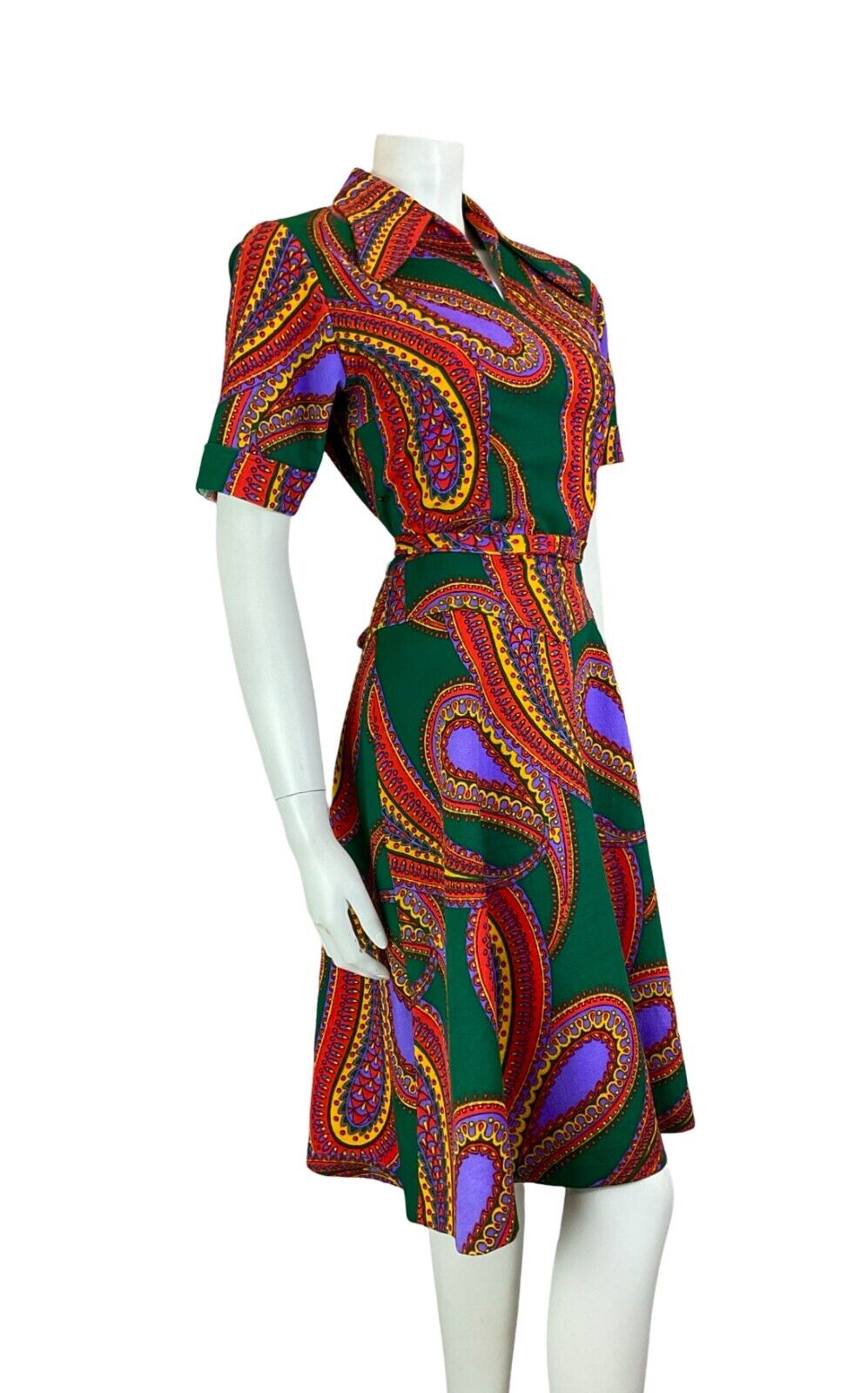 VTG 60S 70S BEAGLE COLLAR PSYCHEDELIC PAISLEY GREEN PURPLE RED SHIRT DRESS 12 14