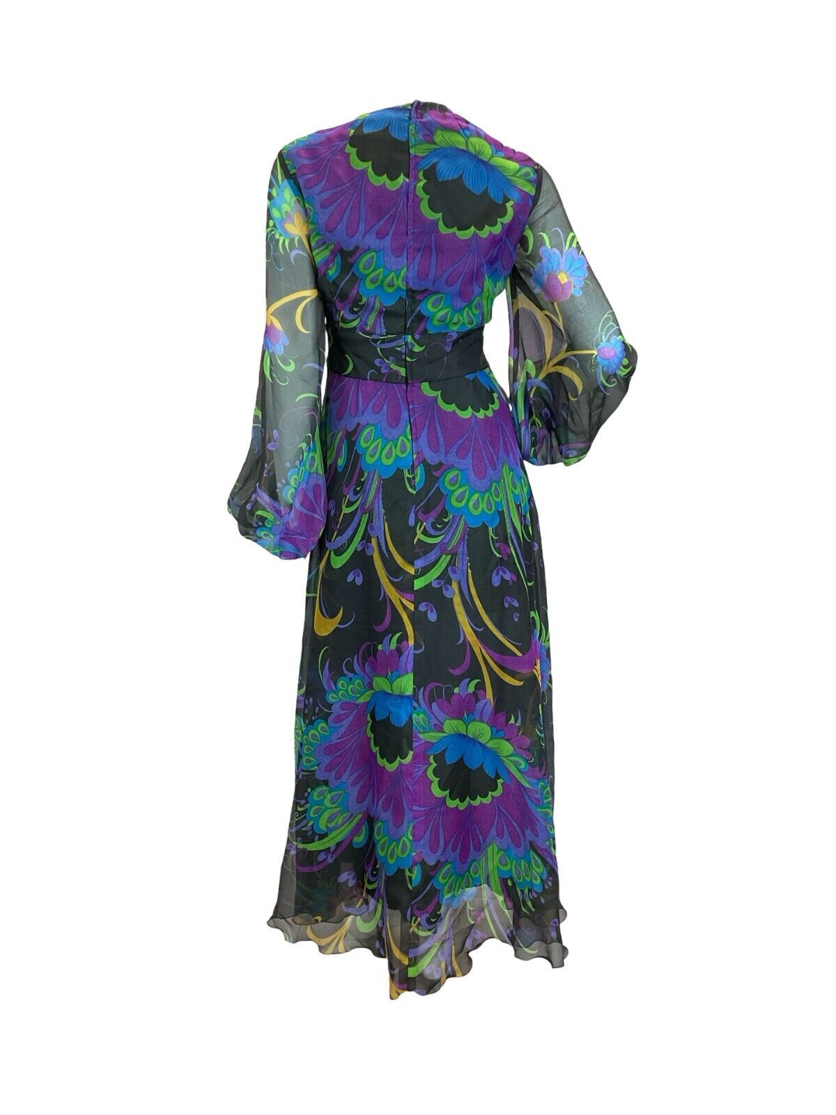 VTG 70S WEDDING PSYCHEDELIC FLORAL PURPLE GREEN BLACK BLUE MAXI DRESS 10 12