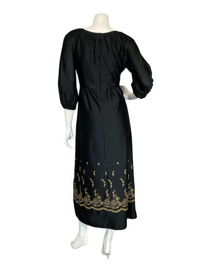 VTG 70S BLACK GOLD FLORAL EMBROIDERY BOAT NECK HIPPY PARTY MAXI DRESS 10 12