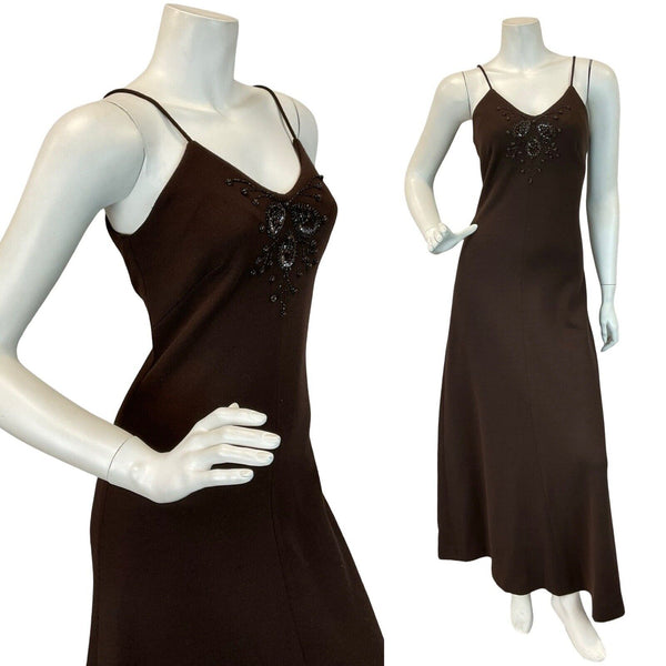 VTG 70S BEADED SEQUIN CHOCOLATE BROWN DISCO FORMAL PROM PARTY MAXI DRESS 6 8