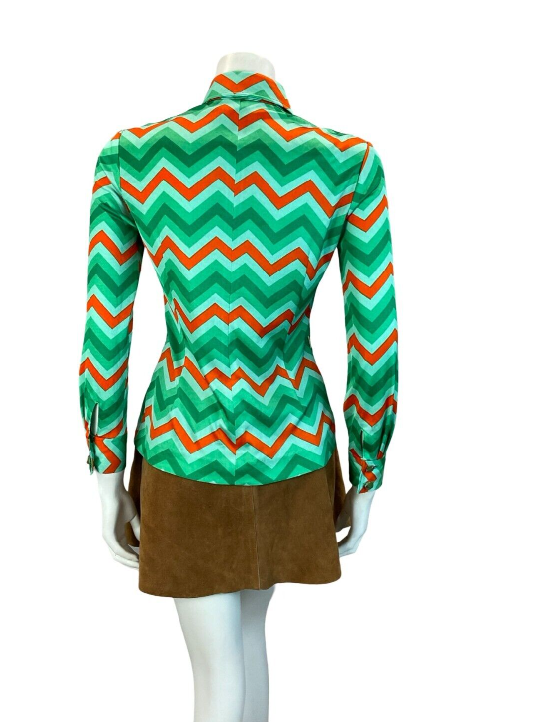 VTG 60S 70S GREEN RED ZIG ZAG GEOMETRIC WING COLLAR SHIRT SIZE 10