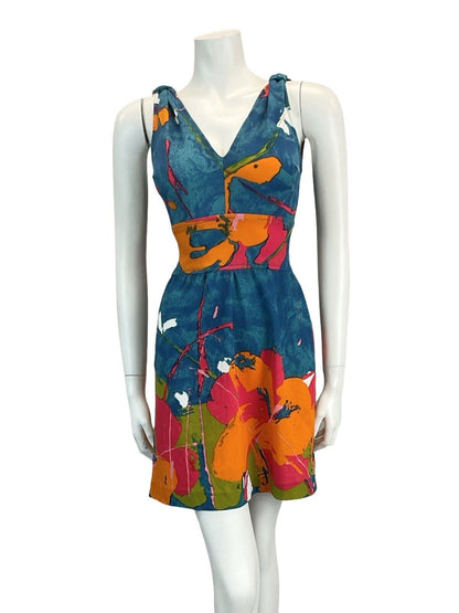 VTG 70S ABSTRACT FLORAL BRIGHT MINI SUMMER SUN DRESS 8 10