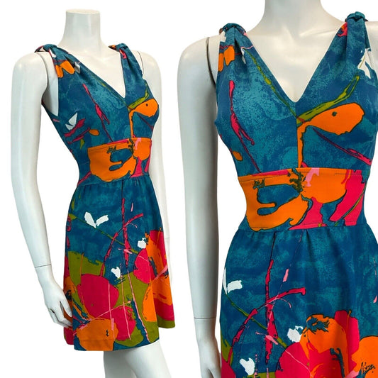 VTG 70S ABSTRACT FLORAL BRIGHT MINI SUMMER SUN DRESS 8 10