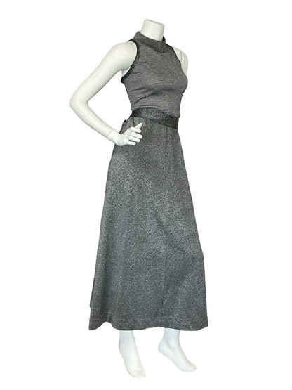 VTG 70S SILVER BLACK STRIPED LUREX DISCO BELTED HALTER NECK MAXI DRESS 10 12 14