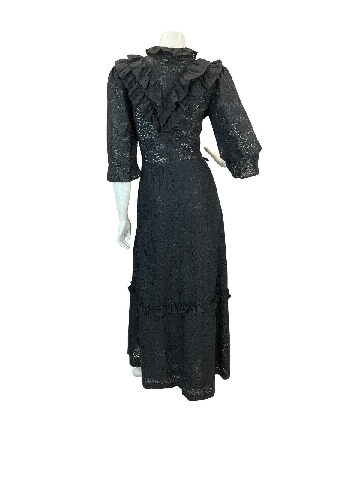 VTG 70S BLACK GOTHIC PRAIRIE LACE RUFFLE MAXI DRESS 8 10