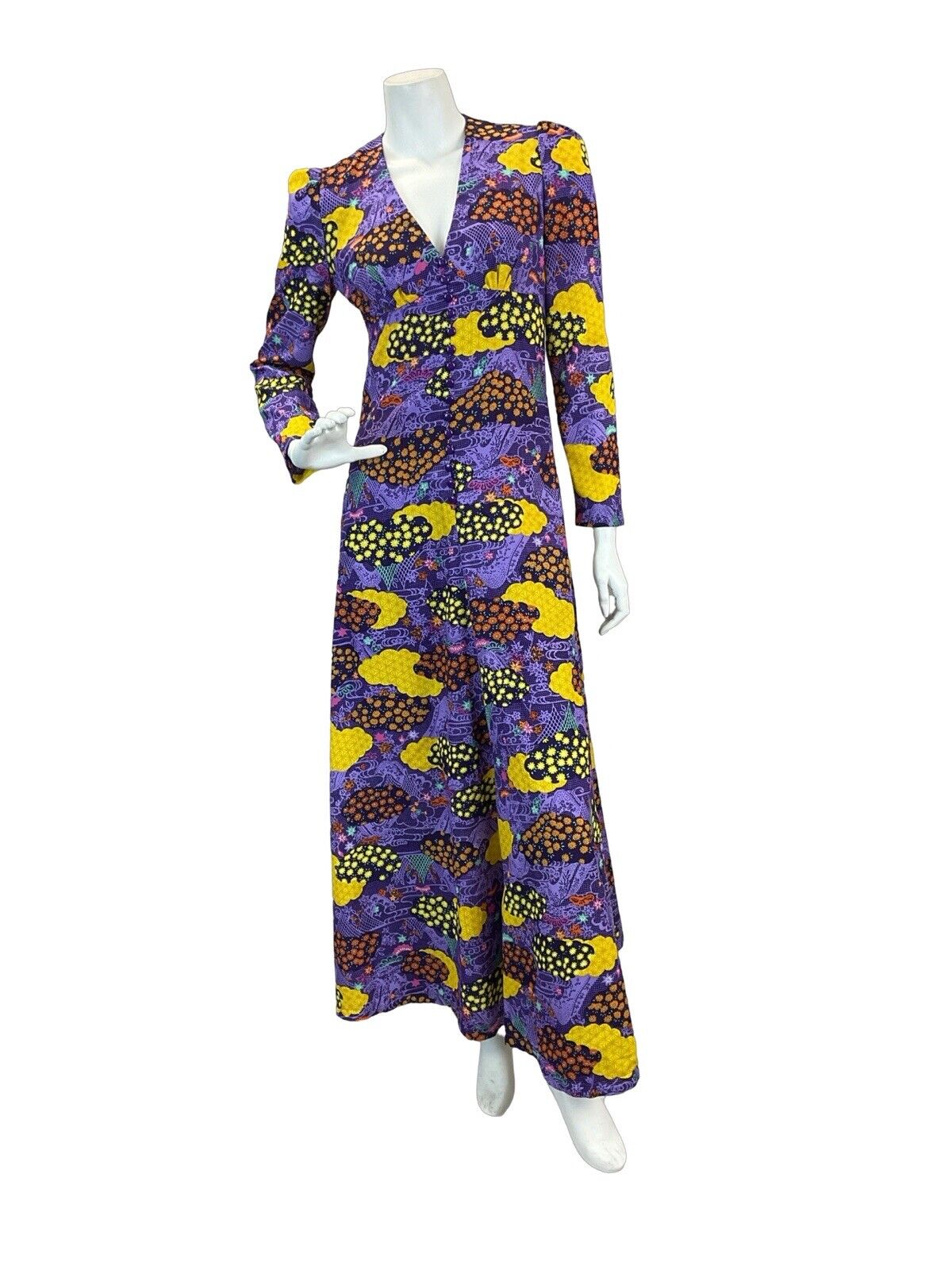 VTG 70S PSYCHEDELIC PURPLE YELLOW BLACK HIPPY GLAM FESTIVAL MAXI DRESS 8 10