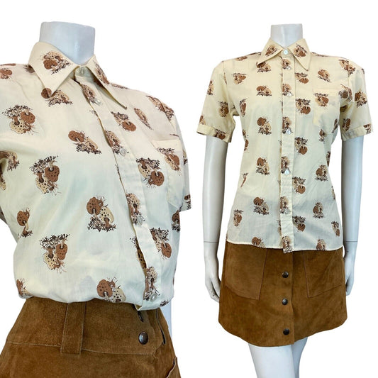 VTG CREAM BROWN WOODLAND MUSHROOM SHORT SLEEVE DAGGER COLLAR SHIRT 10