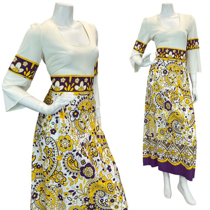 VTG 70S PURPLE YELLOW WHITE HIPPY FESTIVAL PAISLEY FLORAL MAXI DRESS 8 10