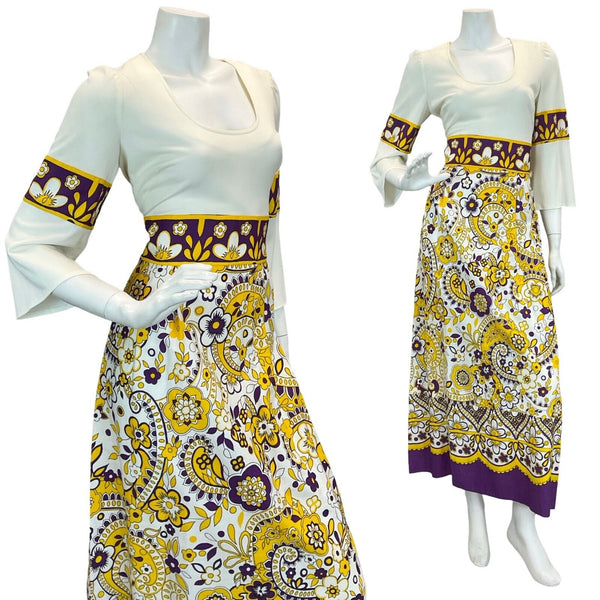 VTG 70S PURPLE YELLOW WHITE HIPPY FESTIVAL PAISLEY FLORAL MAXI DRESS 8 10