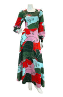 VTG 70S GLAM ABSTRACT FLORAL PARTY MAXI DRESS GREEN BLUE PINK RED 12 14 16