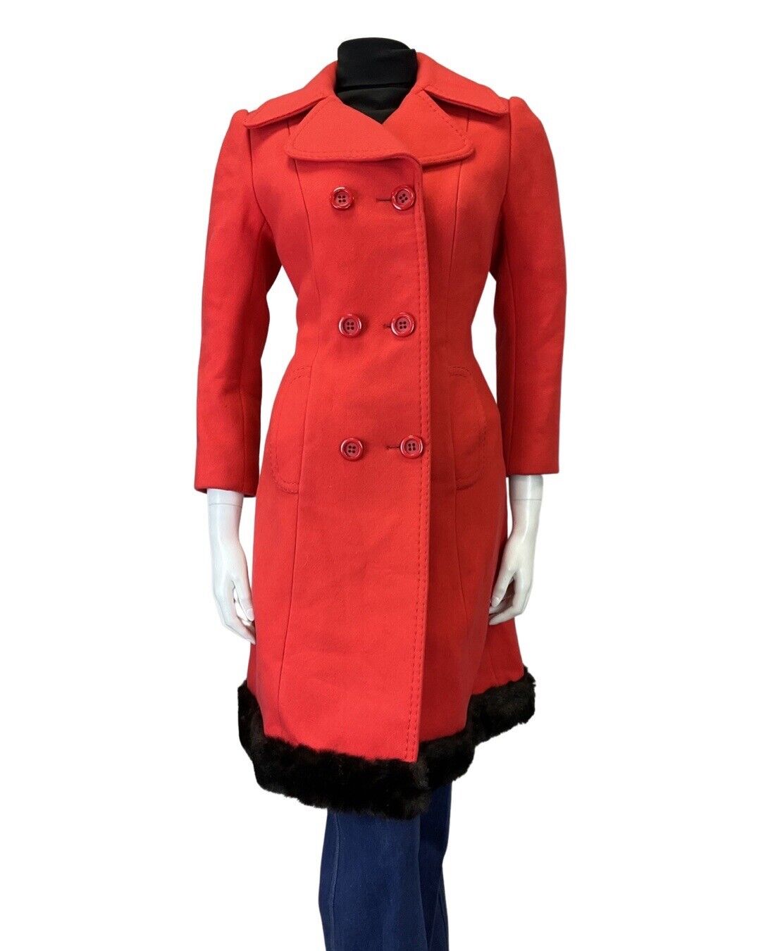 VTG 60s 70s PILLARBOX RED BLACK FAUX FUR TRIM DOUBLE-BREASTED WOOL COAT 10 12