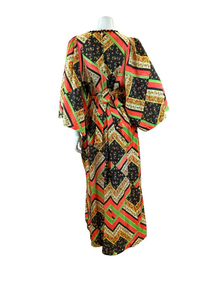 VTG 60S 70S PSYCHEDELIC PAISLEY KAFTAN MAXI DRESS RED GREEN BLACK YELLOW 10-12