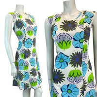 VTG 60S 70S WHITE BLUE GREEN FLORAL MOD A-LINE MINI DRESS 8 10