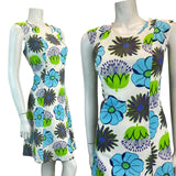 VTG 60S 70S WHITE BLUE GREEN FLORAL MOD A-LINE MINI DRESS 8 10